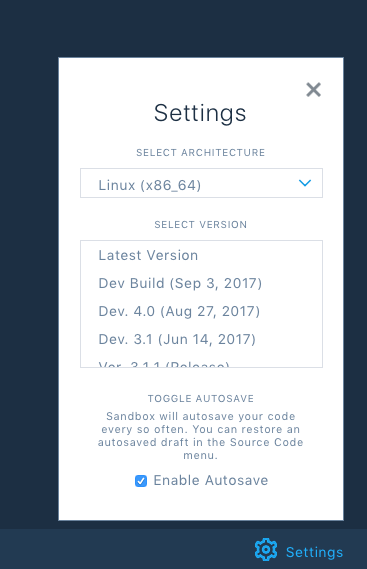 Swift Sandbox settings